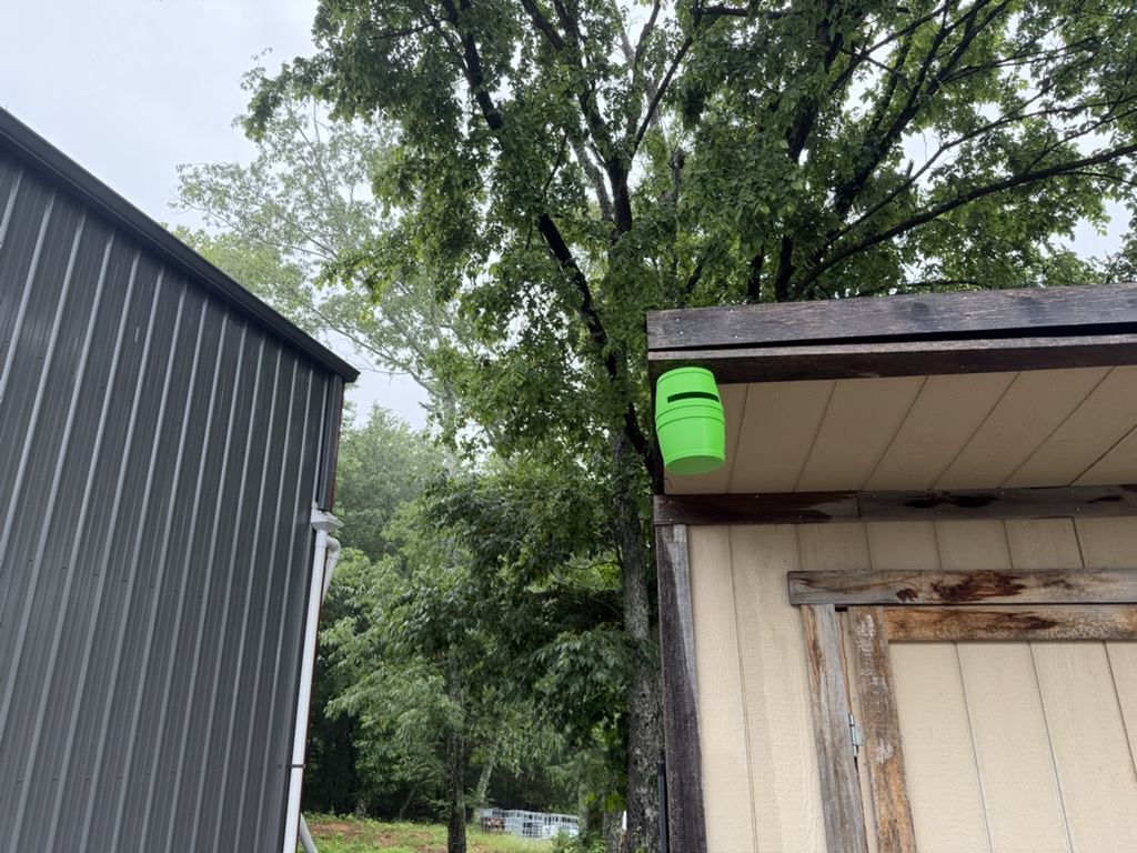 Green barrel hanging on building